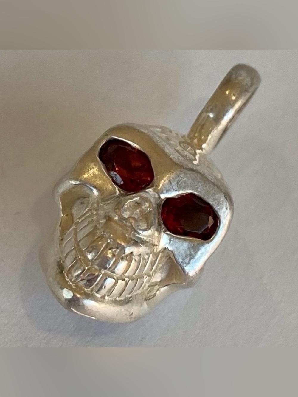 925 Sterling Silver Skull Pendant with Genuine Ruby Eyes